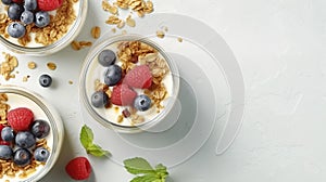 Breakfast parfait made from Greek yogurt and granola topped with fresh berries, top view Generative AI