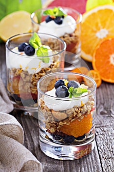 Breakfast parfait with oranges, granola, yogurt