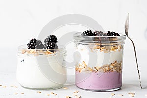 Breakfast parfait, overnight oats and greek yogurt in a jar
