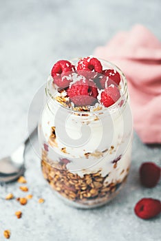 Breakfast parfait with yogurt, granola, berries