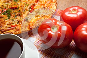 Breakfast pizza and tea