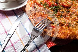 Breakfast pizza and tea