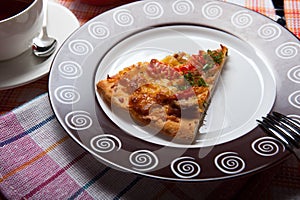 Breakfast pizza and tea