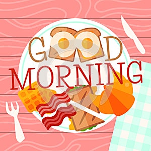 Breakfast plate concept vector illustration. Hearty breakfast of fried eggs and bacon with fsandwich, croissant and