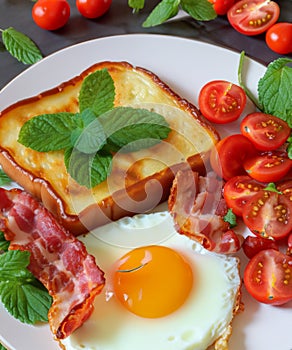 A breakfast plate with French toast, fried egg and bacon garnished with fresh mint leaves and cherry tomatoes