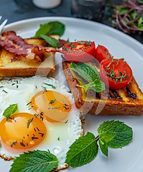 A breakfast plate with French toast, fried egg and bacon garnished with fresh mint leaves and cherry tomatoes