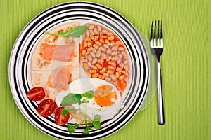 Breakfast plate with fried egg, potato scones and smoked salmon