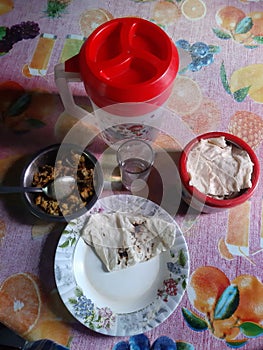 breakfast plater with bread and vegetables. Bread and watet