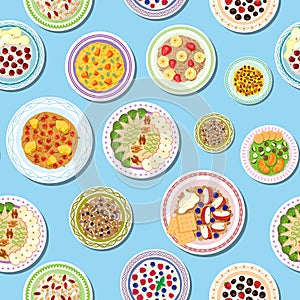 Breakfast with porridge, fruits, berries and healthy morning seamless vector pattern illustration.