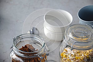 Breakfast ready with cereals, bowls, and mugs