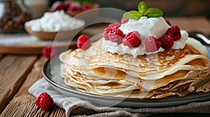 breakfast with russian pancakes with berries and honey on wooden background, top view