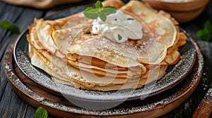 breakfast with russian pancakes with berries and honey on wooden background, top view