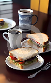 Breakfast with sandwich and coffee