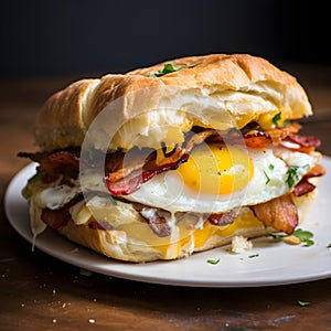 Breakfast sandwich packed with eggs, bacon.