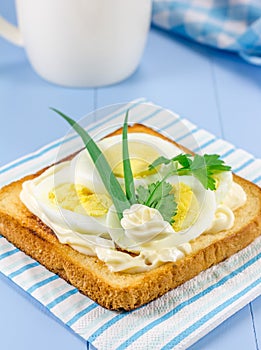 Breakfast sandwich with sliced eggs and verdure