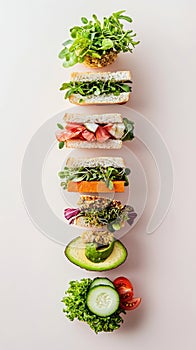 A breakfast sandwich stack showcases an array of fresh vegetables layered between slices of whole grain bread, arranged