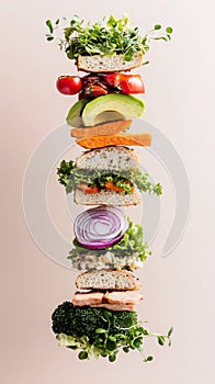 A breakfast sandwich stack showcases an array of fresh vegetables layered between slices of whole grain bread, arranged