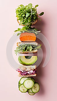 A breakfast sandwich stack showcases an array of fresh vegetables layered between slices of whole grain bread, arranged