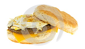 Breakfast sausage egg and cheese biscuit on a white background