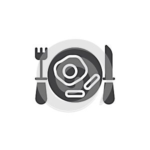 Breakfast with scrambled eggs and sausages icon vector