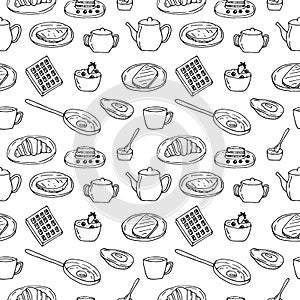 Breakfast seamless pattern vector illustration, hand drawing doodles