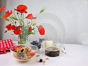 Breakfast served with coffee, cereals and fruits