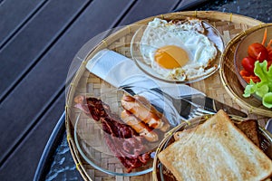 Breakfast served with coffee, orange juice, croissants, cereals and fruits. Balanced diet. - Image