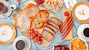 Breakfast Served in the morning with cereal bread, raisin bread, banana bread, sausage bread, chicken sausage, Natural corn flake