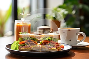 a breakfast set with clubhouse sandwich and a cup of tea