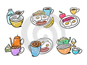 Breakfast set hand drawn vector illustration. Isolated on white background. Cartoon style.