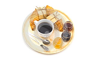 Breakfast set have a tray of coffee, croissant, jams