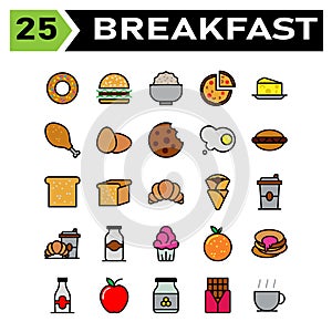 Breakfast set include donuts, food, junk, sweet, breakfast, hamburger, stall, rice, bowl, pizza, italian, brunch, cheese, dish,