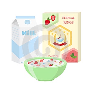 Breakfast set - milk, cereal, berries. Healthy food in flat style.