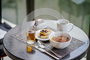 A breakfast set in morning.