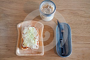 Breakfast set - Toast Pizza bread and iced coffee