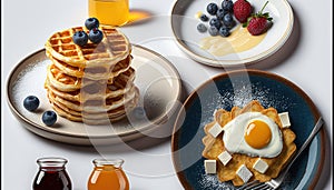 Breakfast set various pancakes served plates isolated battercake food plate topview dish cooked meal cookery baked protein calorie