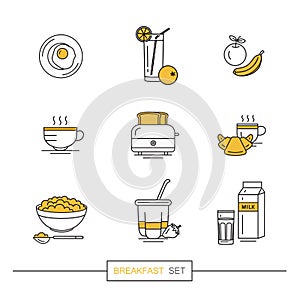 Breakfast - set of vector icons in linear flat style related to morning meal.