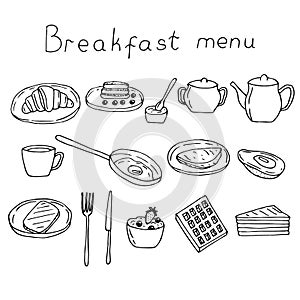 Breakfast set vector illustration, hand drawing doodles
