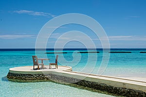 Breakfast setup at the tropical beach at Maldives
