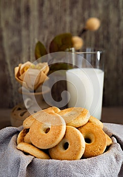 breakfast shortbread biscuits with glass of milk and background