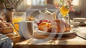 Breakfast shot close-up, coffee cup, bread, croissant, soup, ready to eat, comfortable morning light, from generative AI