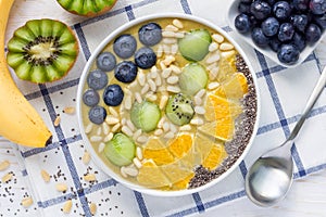 Breakfast smoothie bowl with matcha green tea, kiwi and banana