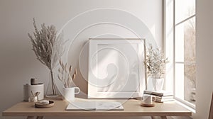 Breakfast still life. Cup of coffee, books and empty picture frame mockup on wooden desk, table