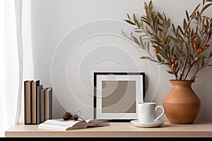 Breakfast still life. Cup of coffee, books and empty picture frame mockup on wooden desk, table. Vase with olive