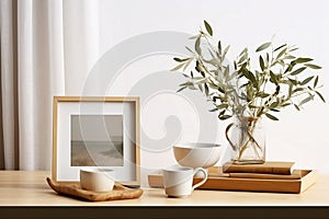 Breakfast still life. Cup of coffee, books and empty picture frame mockup on wooden desk, table. Vase with olive