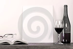 Breakfast still life., empty picture frame mockup on wooden desk, table. . Elegant working space, home office concept. Scandinavia