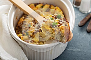 Breakfast strata with cheese and sausage