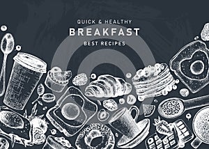 Breakfast table banner on chalkboard. Morning food and hot drinks menu vector template. Breakfast and brunch dishes background.