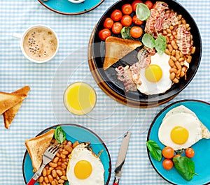 Breakfast table with different healthy food, top view