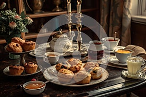 breakfast table, filled with muffins and scones, and tea cup for 2